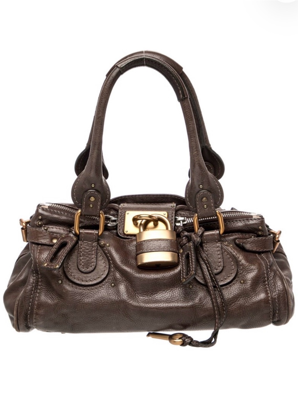 Auth Chloe Paddington Bag Dark Brown Leather Y2K vintage Satchel Pad Lock + Key